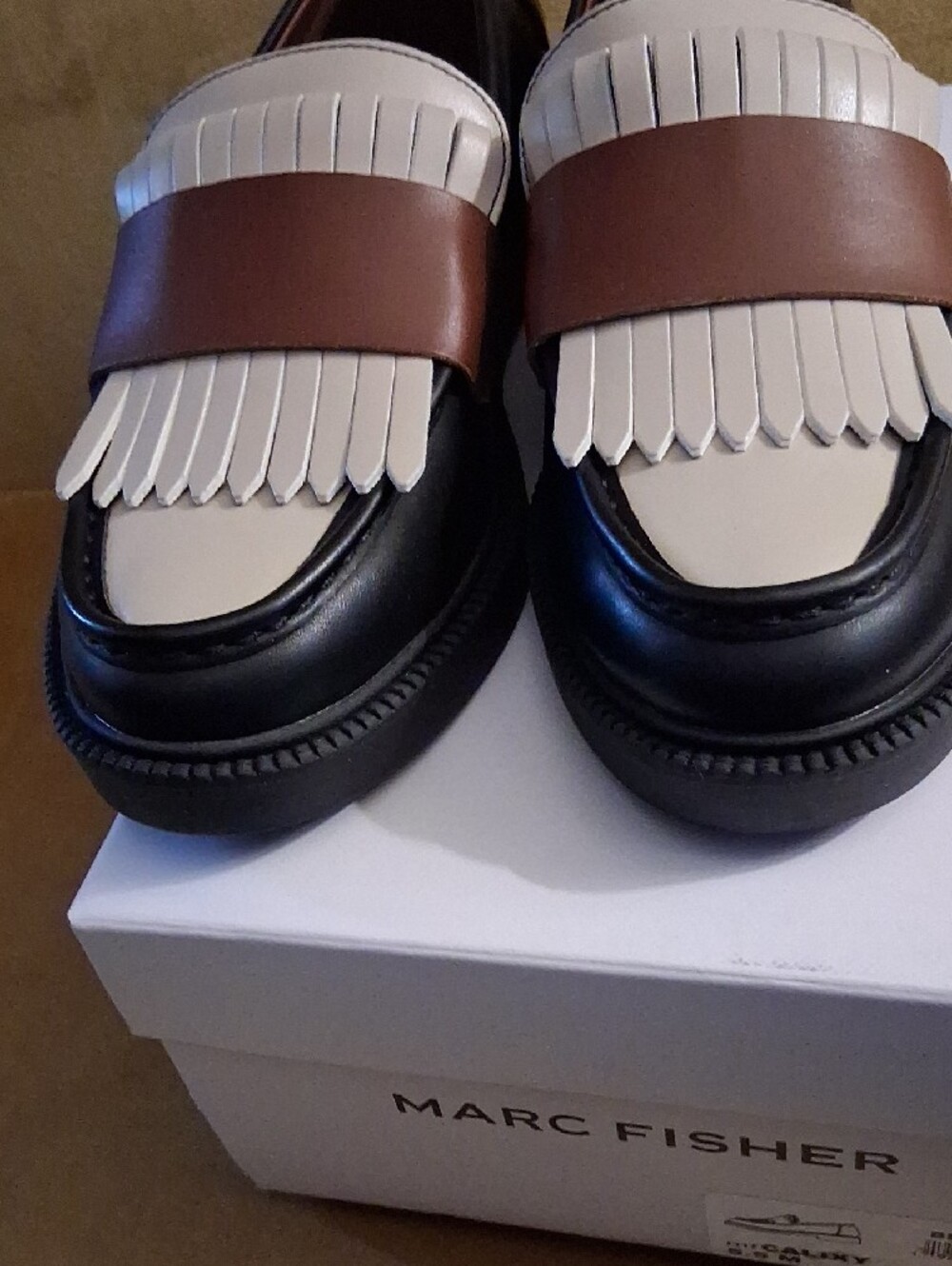 Marc Fisher Black, White & Brown Leather Kiltie Loafers - Picture 3 of 5
